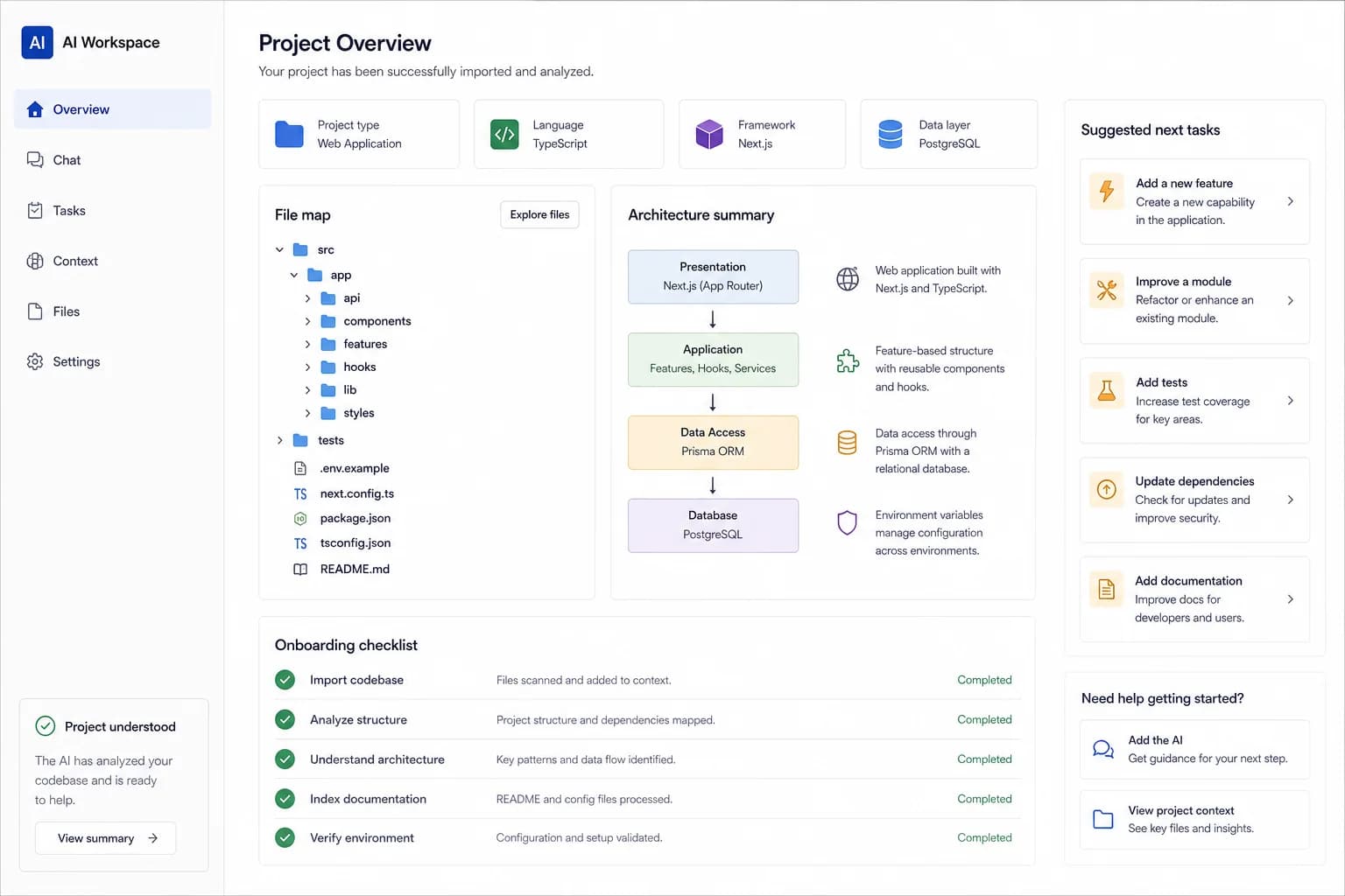 Concept preview of an imported project map and verified development checklist